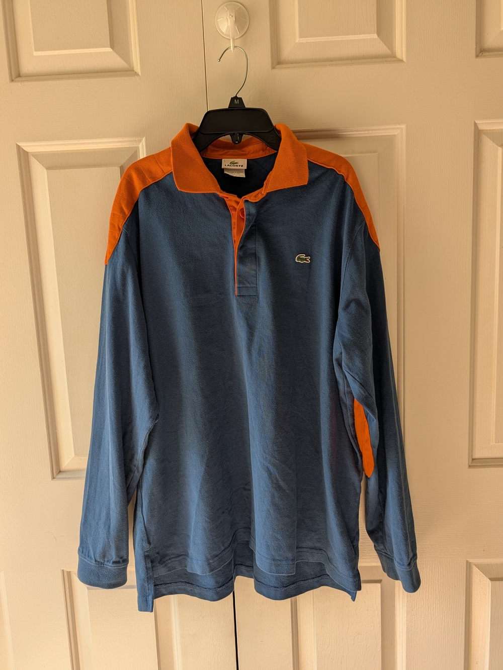 Vintage Lacoste Men's Long Sleeve Color Block Polo Shirt - Blue with Orange Trim